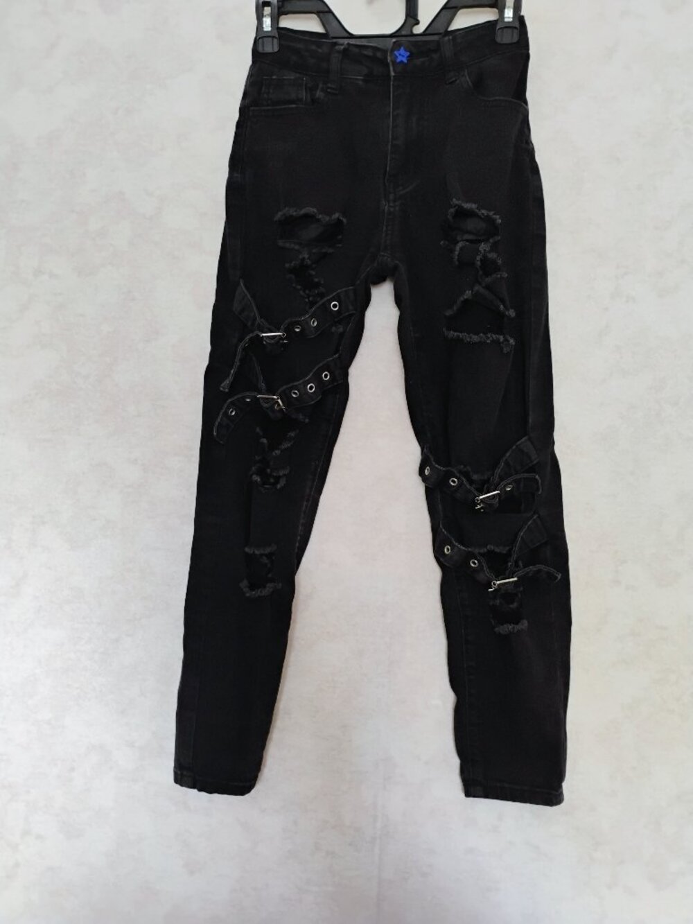 Black Distressed Ripped Harness Strap Grunge  Grommet buckle Jeans Petite XS